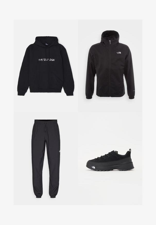 Musta vedenpitävä takki täysihihnalla, säädettävällä huppulla, joustavilla hihansuilla ja logolla rinnassa; kevyt, sileä pinta.; Mustat hupullinen paita, joka on valmistettu pehmeästä ja paksusta kankaasta. Siinä on etutasku, nauhakuva, ja metallinen logo keskellä.; Mustat urheiluhousut, jotka on valmistettu kevyestä kankaasta. Housuissa on naru vyötäröllä, sivutaskut ja kapenevat hihnat nilkoissa.; Mustamustad välisjalanõud suede ülemise, tekstuuriga kummist tallaga ja tugeva paelaga. Varustatud tugevdatud kanna ja brändi logoga külgedel.