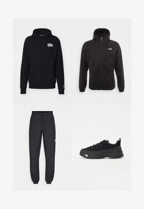 Svart vanntett jakke med full glidelås, justerbar hette, elastiske mansjetter og logo på brystet; lett, glatt tekstur.; Svart hettegenser laget av mykt stoff, med en frontlomme og logo tekst på brystet, samt ribbestrikkede mansjetter og kant.; Sorte idrettsbukser laget av lett stoff, med snor i livet, sidelommer og smale mansjetter ved anklene.; Svart utendørs sneakers med overdel i semsket skinn, teksturert gummisåle og solid snøresystem. Har forsterket hæl og merkevarelogo på siden.