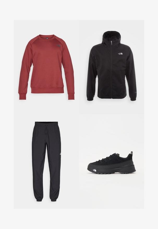 Chaqueta negra impermeable con cremallera completa, capucha ajustable, puños elásticos y un logo en el pecho; ligera, con textura suave.; Sudadera roja con cuello redondo, mangas raglán largas, puños y dobladillo acanalados, que presenta un logo negro en el lado izquierdo. Tejido suave y texturizado.; Pantalones deportivos negros hechos de un tejido ligero, con una cinturilla ajustable, bolsillos laterales y puños ajustados en los tobillos.; Zapatilla negra de exterior con parte superior de ante, suela de goma texturizada y un sólido sistema de cordones. Cuenta con un talón reforzado y el logotipo de la marca en el lateral.