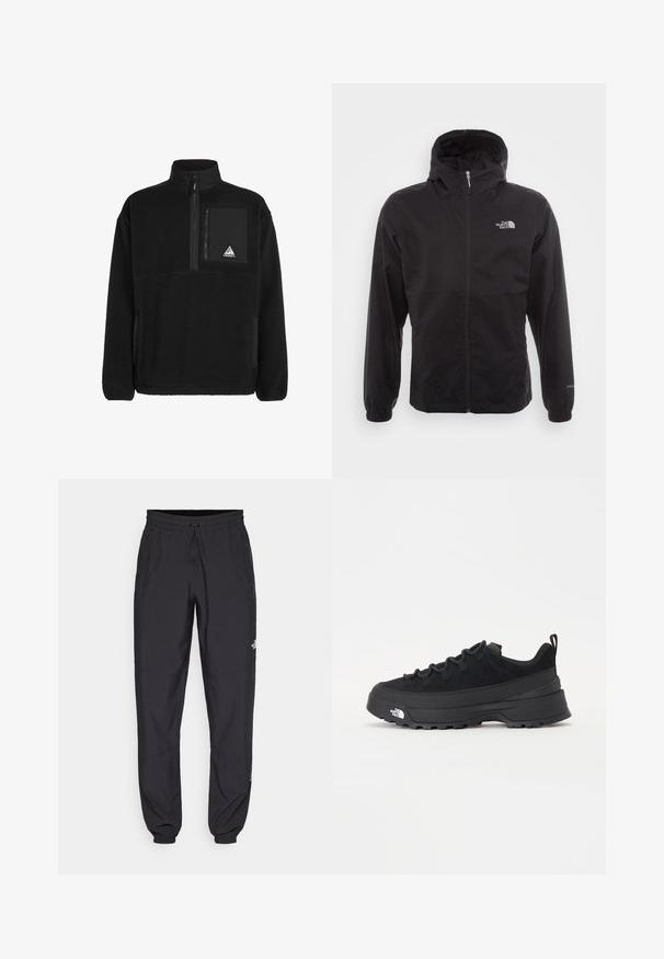 Musta vedenpitävä takki täysihihnalla, säädettävällä huppulla, joustavilla hihansuilla ja logolla rinnassa; kevyt, sileä pinta.; Musta fleece-puuvillapaita, jossa on vetoketjulla suljettava kaula-aukko, mustasta kankaasta valmistettu rintatasku ja kolmiomainen logopatch. Pehmeä teksturoitu materiaali.; Mustat urheiluhousut, jotka on valmistettu kevyestä kankaasta. Housuissa on naru vyötäröllä, sivutaskut ja kapenevat hihnat nilkoissa.; Mustamustad välisjalanõud suede ülemise, tekstuuriga kummist tallaga ja tugeva paelaga. Varustatud tugevdatud kanna ja brändi logoga külgedel.