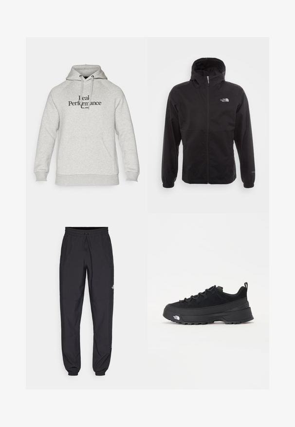 Veste noire imperméable avec une fermeture éclair intégrale, capuche ajustable, poignets élastiques et un logo sur la poitrine ; texture légère et lisse.; Hoodie gris avec une capuche à cordon, des manches raglan, une poche avant et le texte "Performance Réelle" imprimé en noir. Texture de tissu douce.; Pantalon de sport noir en tissu léger, avec une taille à cordon, des poches latérales et des chevilles resserrées.; Baskets de plein air noires avec une tige en daim, semelle en caoutchouc texturé et un système de laçage robuste. Comprend un talon renforcé et un logo de la marque sur le côté.