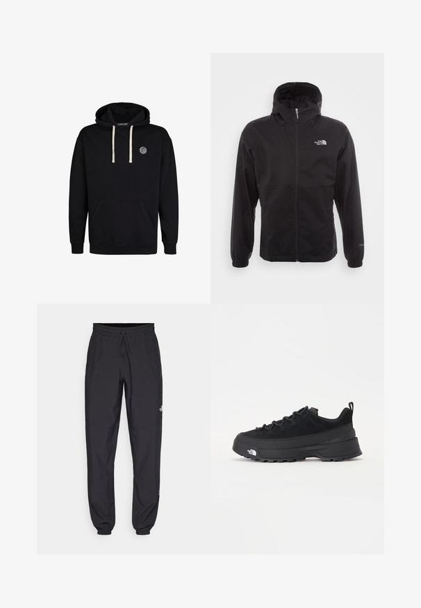 Veste noire imperméable avec une fermeture éclair intégrale, capuche ajustable, poignets élastiques et un logo sur la poitrine ; texture légère et lisse.; Sweatshirt noir en coton, avec une poche kangourou à l'avant, des cordons de serrage en écru et un écusson rond sur la poitrine.; Pantalon de sport noir en tissu léger, avec une taille à cordon, des poches latérales et des chevilles resserrées.; Baskets de plein air noires avec une tige en daim, semelle en caoutchouc texturé et un système de laçage robuste. Comprend un talon renforcé et un logo de la marque sur le côté.