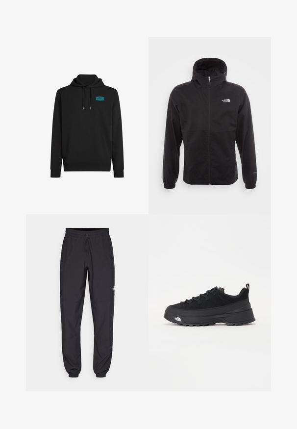 Černá nepromokavá bunda s celopropínacím zipem, nastavitelnou kapucí, elastickými manžetami a logem na hrudi; lehká, hladká textilie.; Černá mikina vyrobená z bavlněné směsi, s přední kapsou, kapucí se stahovací šňůrkou a tyrkysovým logem na levém horním prsu.; Černé sportovní kalhoty vyrobené z lehké tkaniny, s páskem na šňůrku, bočními kapsami a zúženými manžetami na kotnících.; Černé venkovní tenisky s horní částí ze semiše, texturovanou gumovou podrážkou a pevným šněrováním. Obsahují zesílenou patu a logo značky na boku.