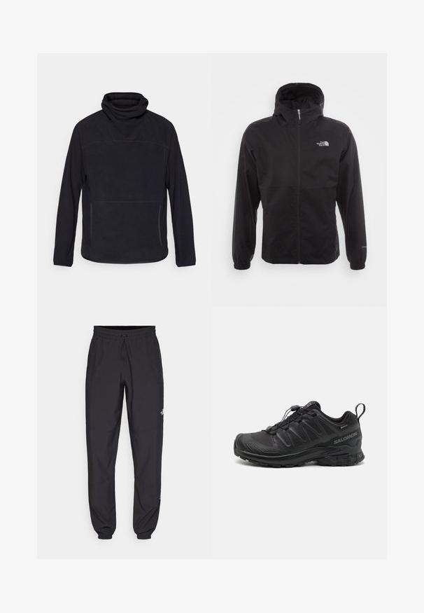 Czarna wodoodporna kurtka z pełnym zamkiem, regulowanym kapturem, elastycznymi mankietami i logo na piersi; lekka, gładka tekstura.; Czarny sweter z wysokim kołnierzem, długimi rękawami i kieszeniami na zamek z przodu. Wykonany z miękkiego materiału o delikatnej teksturze i subtelnych detalach szwów.; Czarne spodenki sportowe wykonane z lekkiego materiału, z elastycznym pasem na sznurek, bocznymi kieszeniami i zwężanymi mankietami przy kostkach.; Czarny but sportowy z teksturowanym syntetycznym wierzchem, amortyzowaną podeszwą i systemem szybkiego sznurowania. Posiada wzmocniony nos i piętę.