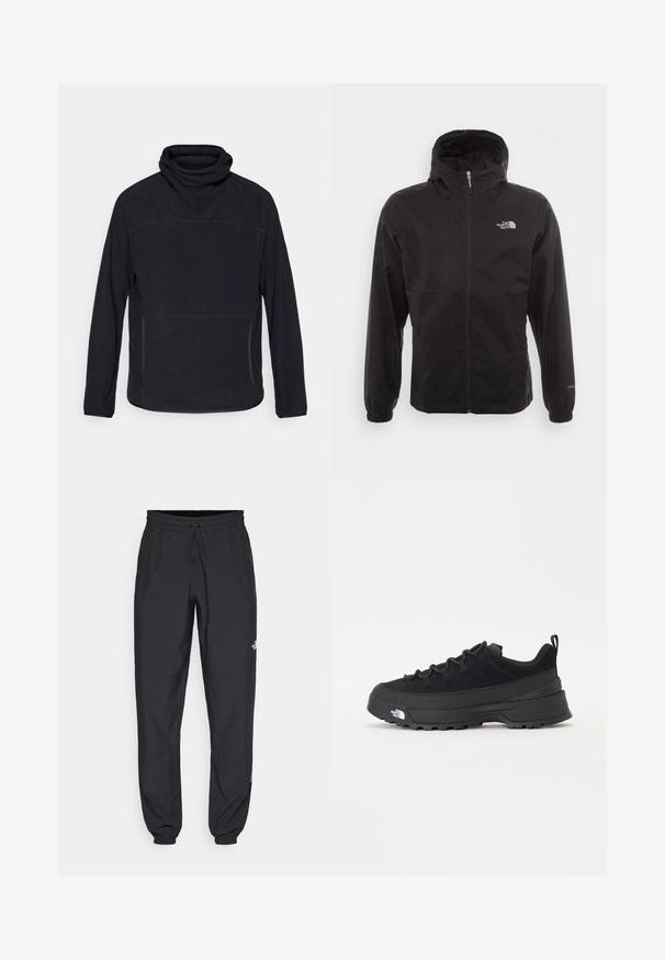 Juodas vandeniui atsparus švarkas su pilnu užtrauktuku, reguliuojama kapuce, elastingais rankogaliais ir logotipu ant krūtinės; lengvas, lygaus paviršiaus.; Juodas megztinis su aukšta apykakle, ilgomis rankovėmis ir priekinėmis užtrauktukų kišenėmis. Pagamintas iš minkštos tekstūros audinio, su subtiliais siuvinėjimo akcentais.; Juodos sportinės kelnės, pagamintos iš lengvos medžiagos, su raišteliu liemens srityje, šoniniais kišenėmis ir siaurėjantys apykaklės prie kulkšnies.; Juodas lauko sportinis batelis su zomšiniu viršumi, tekstūruota guma padais ir tvirtas raištelių sistema. Yra sustiprinta kulno dalis ir prekės ženklo logotipas šone.