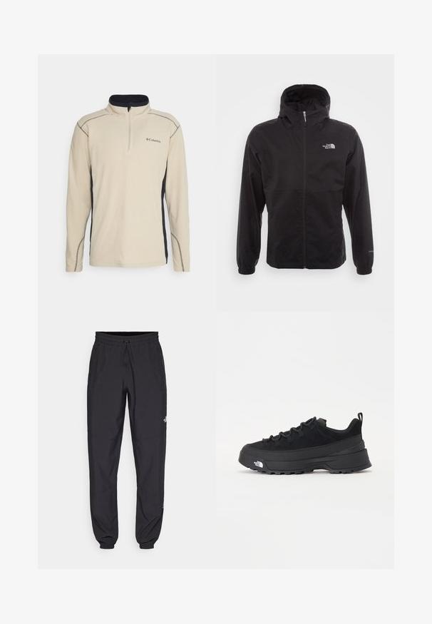 Czarna wodoodporna kurtka z pełnym zamkiem, regulowanym kapturem, elastycznymi mankietami i logo na piersi; lekka, gładka tekstura.; Beżowy polarowy sweter z czarnym bocznym panelem, zamek błyskawiczny na ćwierć wysokości z przodu oraz kontrastowym przeszyciem. Posiada małe logo na piersi.; Czarne spodenki sportowe wykonane z lekkiego materiału, z elastycznym pasem na sznurek, bocznymi kieszeniami i zwężanymi mankietami przy kostkach.; Czarne sneakersy outdoorowe z zamszowym wierzchem, teksturowaną gumową podeszwą i solidnym systemem sznurowania. Posiadają wzmocnioną piętę oraz logo marki na boku.