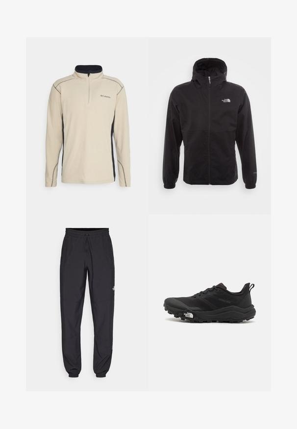 Crna vodootporna jakna s punim patentnim zatvaračem, podesivim kapuljačom, elastičnim manžetama i logom na prsima; lagana, glatke teksture.; Bež flis pulover s crnim bočnim panelom, četvrtastim zatvaračem sprijeda i kontrastnim šavovima. Sadrži mali logo na prsima.; Crne sportske hlače od lagane tkanine, s pojasom na vezanje, bočnim džepovima i suženim manžetama na gležnjevima.; Crne trail trkačke cipele s teksturiranim gornjim dijelom, gumeni potplat i ojačana zaštita za prste. Imaju podstavljen ovratnik i trakicu za lakše obuvanje.