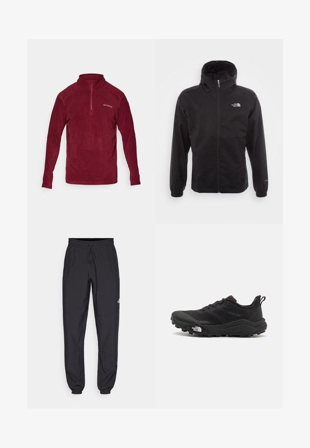 Fekete, vízálló dzseki teljes cipzárral, állítható kapucnival, rugalmas mandzsettákkal és mellkasi logóval; könnyű, sima textúrájú.; Bordó gyapjú pulóver magas gallérral, félig cipzárral, hosszú ujjakkal és logóval a bal mellrészen. Puha tapintású, laza kialakítás.; Fekete sportnadrág, könnyű anyagból készült, húzózsinóros derékkal, oldalsó zsebekkel és szűkített szárakkal a bokáknál.; Fekete terepfutó cipő, textúrált felső résszel, gumitalppal és megerősített lábujjrészével. Párnázott bokarésszel és húzófüllel rendelkezik a könnyű felhúzáshoz.