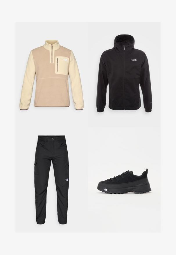 Svart vanntett jakke med full glidelås, justerbar hette, elastiske mansjetter og logo på brystet; lett, glatt tekstur.; Fleece genser i brun og krem med halv glidelås-kant, brystlomme foran med glidelås og logo på lommen. Myk tekstur.; The North Face HORIZON PANT - Friluftsbukser - black; Svart utendørs sneakers med overdel i semsket skinn, teksturert gummisåle og solid snøresystem. Har forsterket hæl og merkevarelogo på siden.