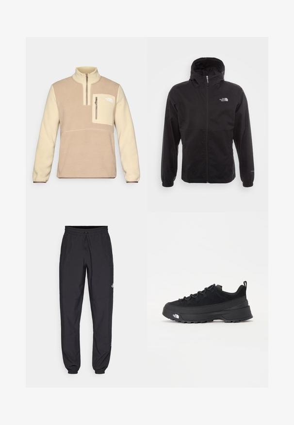 Giacca nera impermeabile con zip completa, cappuccio regolabile, polsini elasticizzati e logo sul petto; leggera, con texture liscia.; Pullover in pile marrone e crema con colletto a mezza zip, tasca frontale sul petto con zip e logo accattivante sulla tasca. Texture morbida.; Pantaloni sportivi neri realizzati in tessuto leggero, con vita regolabile con cordino, tasche laterali e orli affusolati alle caviglie.; Sneaker da esterno nera con parte superiore in suede, suola in gomma testurizzata e robusto sistema di allacciatura. Presenta un tallone rinforzato e il logo del marchio sul lato.