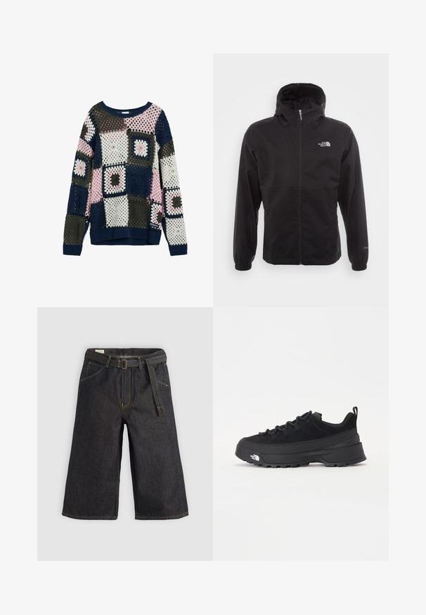 Juodas vandeniui atsparus švarkas su pilnu užtrauktuku, reguliuojama kapuce, elastingais rankogaliais ir logotipu ant krūtinės; lengvas, lygaus paviršiaus.; Nerdėtas Megztinis, turintis šviečiančių raštų jūros mėlynos, rožinės, pilkos ir baltos spalvų. Kvadratiniai motyvai turi atviras angas ir briaunotas rankoves.; Tamsiai mėlyni culottes kelnės su plačiomis kojomis, diržo kilpomis ir audinio diržu. Kontrastinė siuvimo technika ir kišenės iš abiejų pusių.; Juodas lauko sportinis batelis su zomšiniu viršumi, tekstūruota guma padais ir tvirtas raištelių sistema. Yra sustiprinta kulno dalis ir prekės ženklo logotipas šone.