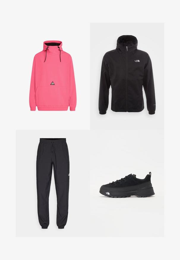 Black waterproof jacket with a full zip, adjustable hood, elastic cuffs, and a logo on the chest; lightweight, smooth texture.; Pink pullover jacket with a high neck, adjustable drawstrings, front pocket, and elastic cuffs. Features a triangular logo on the chest.; Black athletic pants made from lightweight fabric, featuring a drawstring waistband, side pockets, and tapered cuffs at the ankles.; Black outdoor sneaker with a suede upper, textured rubber sole, and sturdy lacing system. Features a reinforced heel and brand logo on the side.