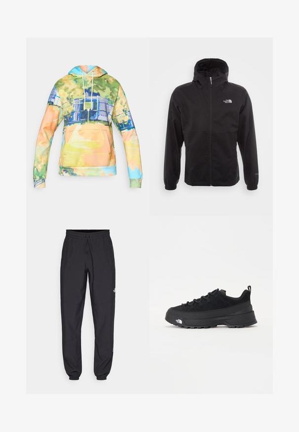 Jachetă neagră, impermeabilă, cu fermoar complet, glugă ajustabilă, manșete elastice și un logo pe piept; ușoară, cu o textură netedă.; Hanorac cu glugă dintr-un material moale, având un model colorat în stil acuarelă, buzunar frontal tip cangur și glugă cu șnur.; Pantaloni atletici negri, confecționați dintr-un material ușor, cu un tiv elastic la talie, buzunare laterale și tivuri ajustate la gleznă.; Tenisi de exterior negri cu superior din daim, talpă din cauciuc texturat și sistem de șireturi solid. Prezintă un călcâi întărit și un logo al mărcii pe lateral.
