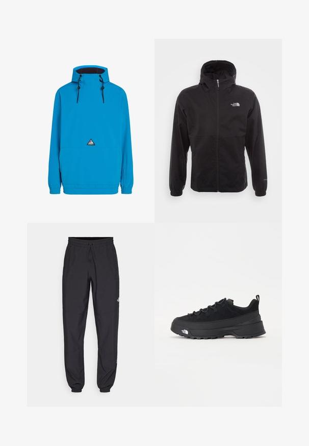 Schwarze wasserdichte Jacke mit durchgehendem Reißverschluss, verstellbarem Kapuzen, elastischen Bündchen und einem Logo auf der Brust; leicht und mit glatter Textur.; Blaue wasserdichte Jacke mit Kapuze, elastischen Bündchen und einer Fronttasche. Verfügt über ein dreieckiges Logo auf der Brust. Glatte Textur.; Schwarze Sporthosen aus leichtem Stoff, mit einem Kordelzugbund, seitlichen Taschen und schmal zulaufenden Bündchen an den Knöcheln.; Schwarzer Outdoorsneaker mit einem Obermaterial aus Wildleder, strukturierter Gummisohle und robustem Schnürsystem. Verfügt über eine verstärkte Ferse und das Markenlogo an der Seite.