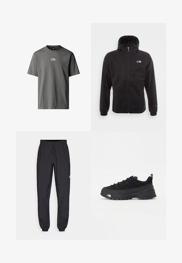 Černá nepromokavá bunda s celopropínacím zipem, nastavitelnou kapucí, elastickými manžetami a logem na hrudi; lehká, hladká textilie.; Šedé tričko s krátkým rukávem vyrobené z bavlny s klasickým kulatým výstřihem. Obsahuje malé bílé logo na hrudi, hladkou texturu a volnější střih.; Černé sportovní kalhoty vyrobené z lehké tkaniny, s páskem na šňůrku, bočními kapsami a zúženými manžetami na kotnících.; Černé venkovní tenisky s horní částí ze semiše, texturovanou gumovou podrážkou a pevným šněrováním. Obsahují zesílenou patu a logo značky na boku.