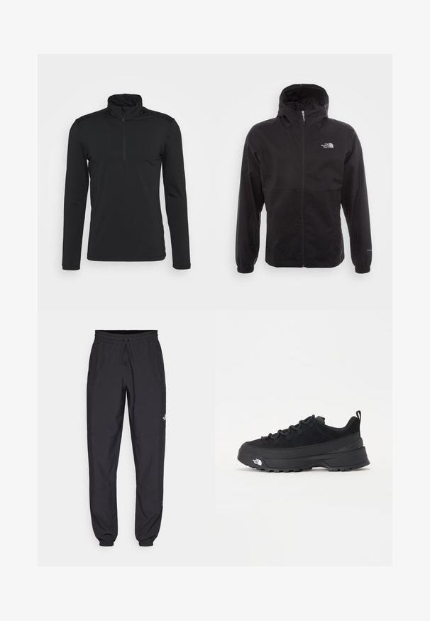 Černá nepromokavá bunda s celopropínacím zipem, nastavitelnou kapucí, elastickými manžetami a logem na hrudi; lehká, hladká textilie.; Černý pulovr s dlouhým rukávem, vysokým límcem a zapínáním na zip. Hladká textura, žádné viditelné vzory a minimalistický design.; Černé sportovní kalhoty vyrobené z lehké tkaniny, s páskem na šňůrku, bočními kapsami a zúženými manžetami na kotnících.; Černé venkovní tenisky s horní částí ze semiše, texturovanou gumovou podrážkou a pevným šněrováním. Obsahují zesílenou patu a logo značky na boku.