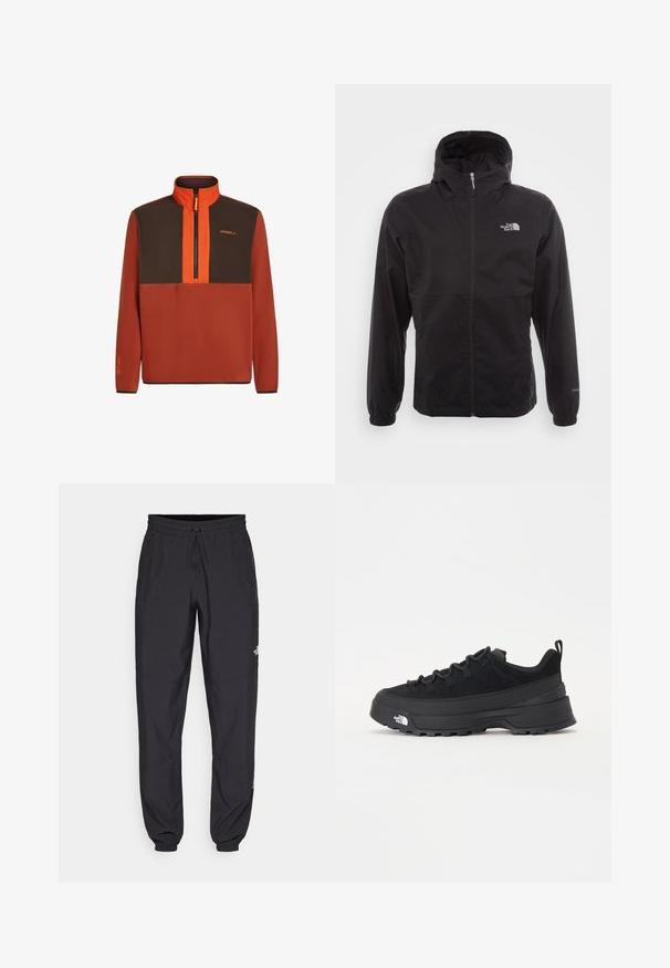 Zwarte waterdichte jack met volledige rits, verstelbare capuchon, elastische manchetten en een logo op de borst; lichtgewicht, gladde textuur.; Fleece pullover in gebrandrode oranje met bruine panelen, kwart-rits voorkant, hoge kraag en logo-detail. Glad textuur en lange mouwen.; Zwarte sportieve broek gemaakt van lichtgewicht stof, met een trekkoord in de taille, zijzakken en taps toelopende boorden bij de enkels.; Zwarte outdoor sneaker met een suede bovenkant, een gestructureerde rubberen zool en een stevig vetersysteem. Heeft een versterkte hiel en een merklogo aan de zijkant.