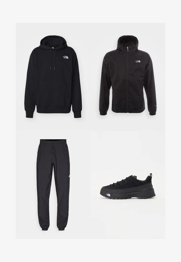 Casaco impermeável preto com fecho completo, capuz ajustável, punhos elásticos e um logótipo no peito; leve, com textura suave.; Moleton preto feito de tecido suave, com um bolso frontal, capuz com cordão e um pequeno logótipo branco no lado esquerdo do peito.; Calças atléticas pretas feitas de tecido leve, com um cós ajustável por cordão, bolsos laterais e punhos afunilados nos tornozelos.; Sapatilha de exterior preta com parte superior em camurça, sola de borracha texturizada e sistema de atacadores robusto. Apresenta um calcanhar reforçado e o logótipo da marca na lateral.