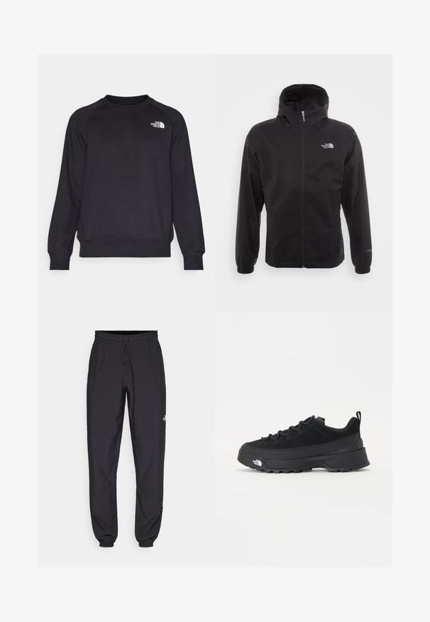 Giacca nera impermeabile con zip completa, cappuccio regolabile, polsini elasticizzati e logo sul petto; leggera, con texture liscia.; Felpa nera con colletto a costine, maniche lunghe a raglan e un piccolo logo bianco sul lato sinistro del petto. Realizzata in un tessuto morbido e resistente.; Pantaloni sportivi neri realizzati in tessuto leggero, con vita regolabile con cordino, tasche laterali e orli affusolati alle caviglie.; Sneaker da esterno nera con parte superiore in suede, suola in gomma testurizzata e robusto sistema di allacciatura. Presenta un tallone rinforzato e il logo del marchio sul lato.