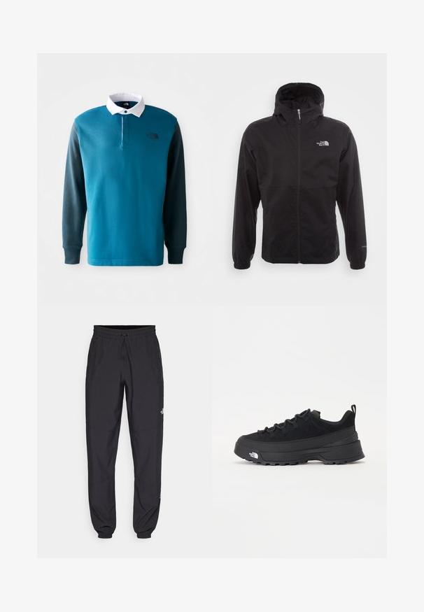 Schwarze wasserdichte Jacke mit durchgehendem Reißverschluss, verstellbarem Kapuzen, elastischen Bündchen und einem Logo auf der Brust; leicht und mit glatter Textur.; Langärmliges Polohemd in Petrol und Dunkelgrün, mit einem weißen Kragen, Knopfleiste und einem schwarzen Logo auf der Brust. Mischgewebe aus Baumwolle.; Schwarze Sporthosen aus leichtem Stoff, mit einem Kordelzugbund, seitlichen Taschen und schmal zulaufenden Bündchen an den Knöcheln.; Schwarzer Outdoorsneaker mit einem Obermaterial aus Wildleder, strukturierter Gummisohle und robustem Schnürsystem. Verfügt über eine verstärkte Ferse und das Markenlogo an der Seite.