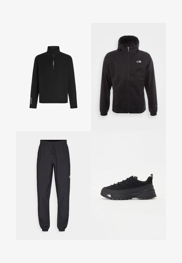 Black waterproof jacket with a full zip, adjustable hood, elastic cuffs, and a logo on the chest; lightweight, smooth texture.; Black pullover fleece features a quarter-zip collar, long sleeves, and a Polartec logo on the left sleeve for insulation and comfort.; Black athletic pants made from lightweight fabric, featuring a drawstring waistband, side pockets, and tapered cuffs at the ankles.; Black outdoor sneaker with a suede upper, textured rubber sole, and sturdy lacing system. Features a reinforced heel and brand logo on the side.