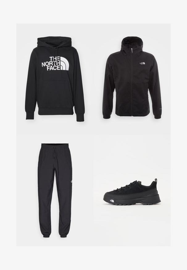 Svart vattentät jacka med full dragkedja, justerbar huva, elastiska ärmslut och en logotyp på bröstet; lätt och slät textur.; Svart hoodie i bomullsblandning, med en framficka i form av en känguru, justerbar dragkedja på huvan och stor vit logotyp på bröstet.; Svarta träningsbyxor tillverkade av lättviktsmaterial, med dragsko i midjan, sidofickor och avsmalnande muddar vid anklarna.; Svart utomhussko med ovandel i mocka, texturerad gummisula och robust snörningssystem. Har en förstärkt häl och varumärkeslogotyp på sidan.