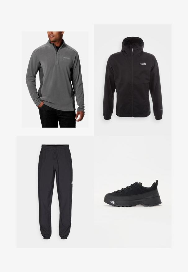 Svart vattentät jacka med full dragkedja, justerbar huva, elastiska ärmslut och en logotyp på bröstet; lätt och slät textur.; Grå fleece-tröja med kvartsdragkedja, mjukt material, långa ärmar och logo på bröstet. Utsmyckad med kontrasterande sidopaneler.; Svarta träningsbyxor tillverkade av lättviktsmaterial, med dragsko i midjan, sidofickor och avsmalnande muddar vid anklarna.; Svart utomhussko med ovandel i mocka, texturerad gummisula och robust snörningssystem. Har en förstärkt häl och varumärkeslogotyp på sidan.