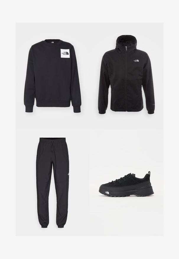 Čierna nepremokavá bunda s plným zipsom, nastaviteľnou kapucňou, elastickými manžetami a logom na hrudi; ľahká, s hladkou textúrou.; Čierna mikina s okrúhlym výstrihom, rebrovanými manžetami a spodným lemom. Obsahuje bielu štvorcovú nášivku s logom "THE NORTH FACE" na hrudi.; Čierne športové nohavice vyrobené z ľahkej tkaniny, s elastickým pásom na šnurovanie, bočnými vreckami a zúženými manžetami na členkoch.; Čierne vonkajšie tenisky so zvrškom z semišu, štruktúrovanou gumovou podrážkou a pevným šnurovaním. Obsahujú vystužený opätok a logo značky na boku.