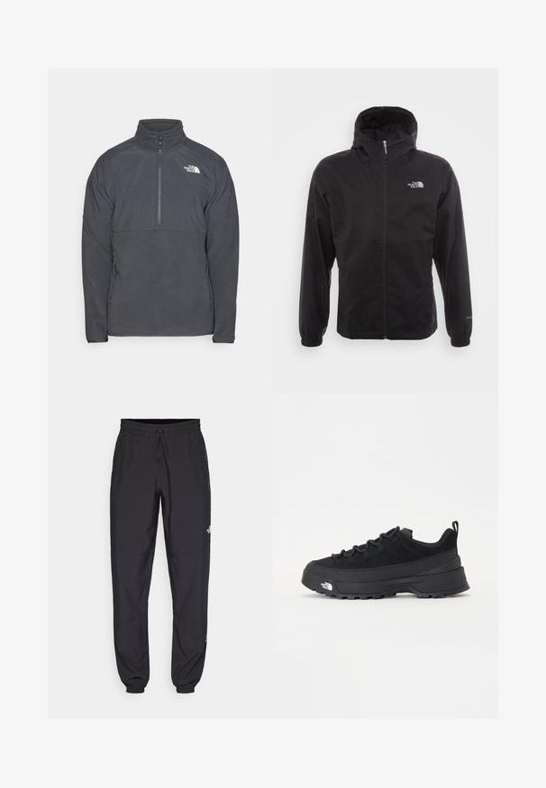 Svart vanntett jakke med full glidelås, justerbar hette, elastiske mansjetter og logo på brystet; lett, glatt tekstur.; Grå fleece-pullover med halv-glidelås i kragen, teksturert topppanel og glatt underpanel. Har frontlommer og en hvit logo på brystet.; Sorte idrettsbukser laget av lett stoff, med snor i livet, sidelommer og smale mansjetter ved anklene.; Svart utendørs sneakers med overdel i semsket skinn, teksturert gummisåle og solid snøresystem. Har forsterket hæl og merkevarelogo på siden.