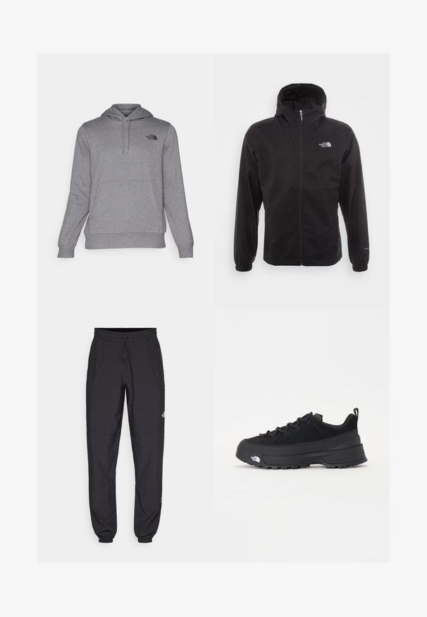 Chaqueta negra impermeable con cremallera completa, capucha ajustable, puños elásticos y un logo en el pecho; ligera, con textura suave.; Sudadera con capucha gris hecha de una tela suave, con un bolsillo canguro en la parte frontal, capucha con cordón y un pequeño logo negro en el lado izquierdo del pecho.; Pantalones deportivos negros hechos de un tejido ligero, con una cinturilla ajustable, bolsillos laterales y puños ajustados en los tobillos.; Zapatilla negra de exterior con parte superior de ante, suela de goma texturizada y un sólido sistema de cordones. Cuenta con un talón reforzado y el logotipo de la marca en el lateral.