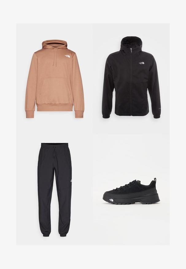 Veste noire imperméable avec une fermeture éclair intégrale, capuche ajustable, poignets élastiques et un logo sur la poitrine ; texture légère et lisse.; Sweat à capuche de couleur brun clair, fabriqué en tissu doux, doté d'une poche avant et d'un petit logo blanc sur la poitrine.; Pantalon de sport noir en tissu léger, avec une taille à cordon, des poches latérales et des chevilles resserrées.; Baskets de plein air noires avec une tige en daim, semelle en caoutchouc texturé et un système de laçage robuste. Comprend un talon renforcé et un logo de la marque sur le côté.