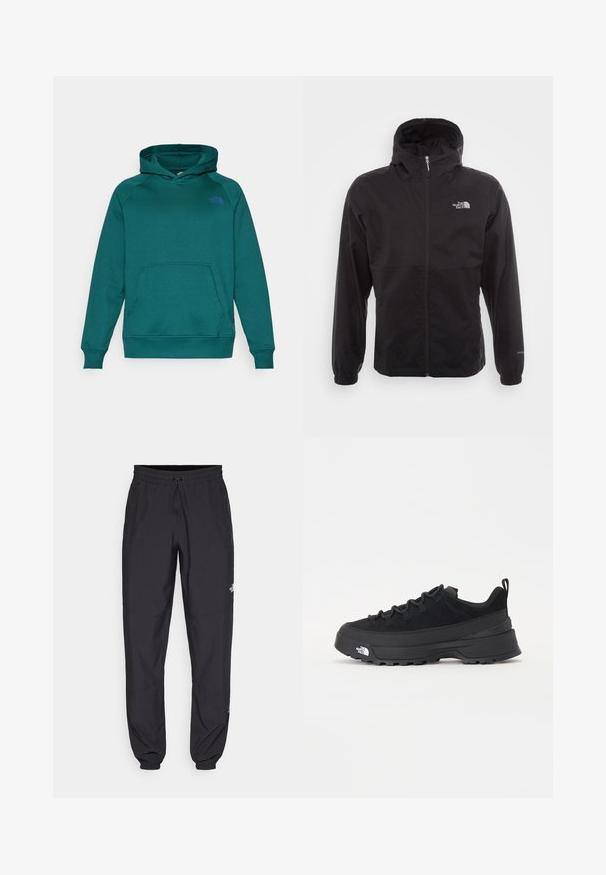Chaqueta negra impermeable con cremallera completa, capucha ajustable, puños elásticos y un logo en el pecho; ligera, con textura suave.; Sudadera de color teal con cordón, bolsillo canguro y puños de canalé. Presenta un pequeño logo morado en el pecho. Fabricada con tela suave.; Pantalones deportivos negros hechos de un tejido ligero, con una cinturilla ajustable, bolsillos laterales y puños ajustados en los tobillos.; Zapatilla negra de exterior con parte superior de ante, suela de goma texturizada y un sólido sistema de cordones. Cuenta con un talón reforzado y el logotipo de la marca en el lateral.