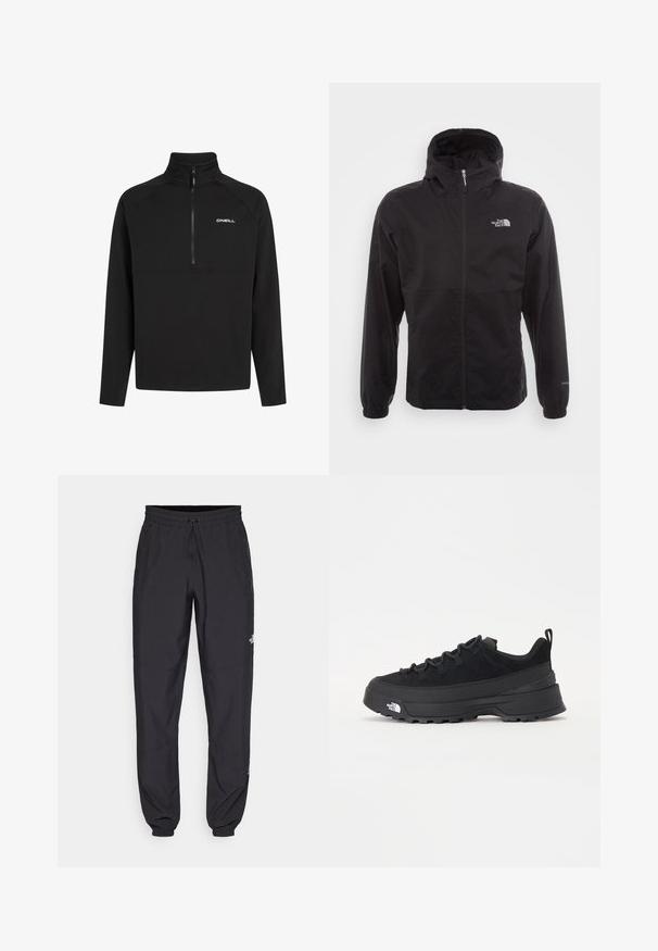 Black waterproof jacket with a full zip, adjustable hood, elastic cuffs, and a logo on the chest; lightweight, smooth texture.; Black pullover with a high collar, partial zip, and long sleeves. Features a sleek design with a white "O'Neill" logo on the chest.; Black athletic pants made from lightweight fabric, featuring a drawstring waistband, side pockets, and tapered cuffs at the ankles.; Black outdoor sneaker with a suede upper, textured rubber sole, and sturdy lacing system. Features a reinforced heel and brand logo on the side.