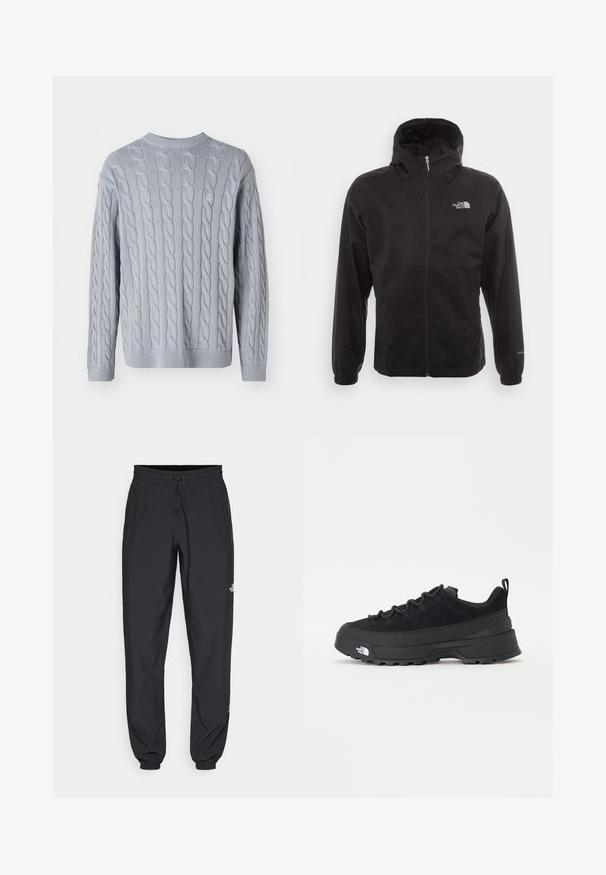 Must have veekindel must jope täispikksu lõpetusega, reguleeritava kapuutsiga, elastsete mansettide ning rinnal oleva logoga; kerge, sile tekstuur.; Heledad sinine kudumitega sviiter, millel on kabli kudumise muster, pikad varrukad ja ümmargune kaelus. Ribakujulised mansetid ja alläär lisavad tekstuuri ja struktuuri.; Mustavad sportlikud püksid, mis on valmistatud kergest kangast, joonlauaga taljest, küljetaskudega ja kitsenevate varrukatega pahkluude juures.; Must musta jalats, millel on sametised ülemused, tekstuuriga kummist põhi ja vastupidav sidumise süsteem. Omab tugevdust kannaosas ja brändi logo küljes.