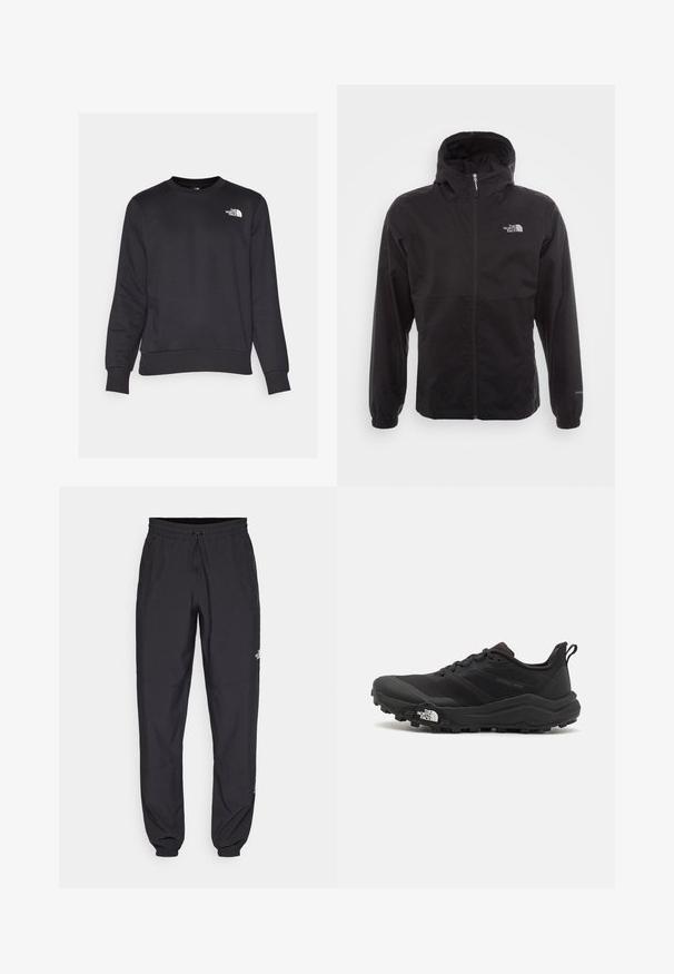 Schwarze wasserdichte Jacke mit durchgehendem Reißverschluss, verstellbarem Kapuzen, elastischen Bündchen und einem Logo auf der Brust; leicht und mit glatter Textur.; Schwarzer Pullover aus Baumwollmischung, mit Rundhalsausschnitt, gerippten Bündchen und Saum sowie einem kleinen weißen Logo auf der linken Brust.; Schwarze Sporthosen aus leichtem Stoff, mit einem Kordelzugbund, seitlichen Taschen und schmal zulaufenden Bündchen an den Knöcheln.; Schwarzer Trailrunning-Schuh mit strukturiertem Obermaterial, Gummisohle und verstärkter Zehenkappe. Verfügt über einen gepolsterten Kragen und eine Ziehlasche für einfaches Anziehen.