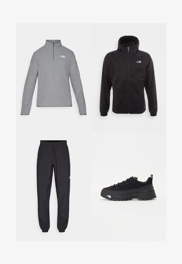 Jachetă neagră, impermeabilă, cu fermoar complet, glugă ajustabilă, manșete elastice și un logo pe piept; ușoară, cu o textură netedă.; The North Face M GLACIER FLEECE 1/4 ZIP JACKET - Pulover din fleece - grey heather; Pantaloni atletici negri, confecționați dintr-un material ușor, cu un tiv elastic la talie, buzunare laterale și tivuri ajustate la gleznă.; Tenisi de exterior negri cu superior din daim, talpă din cauciuc texturat și sistem de șireturi solid. Prezintă un călcâi întărit și un logo al mărcii pe lateral.