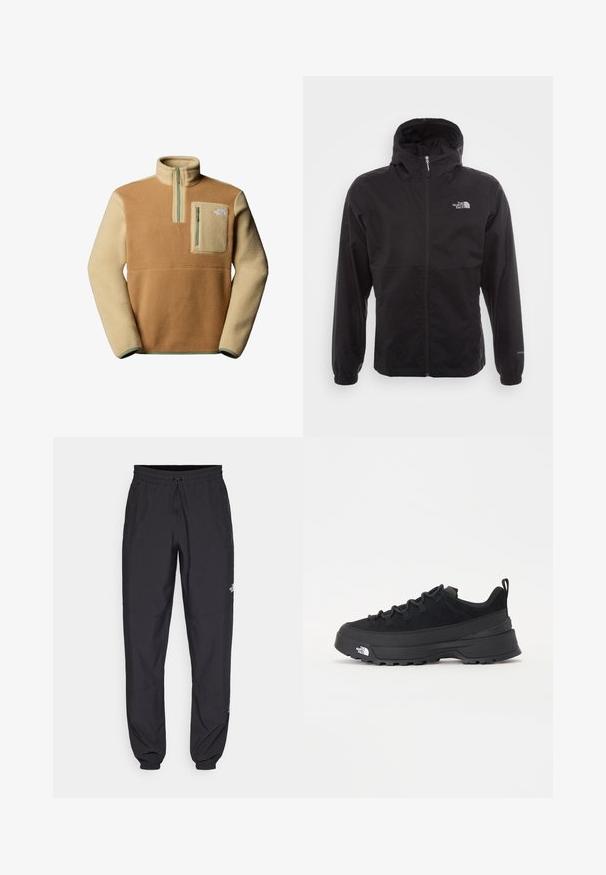 Black waterproof jacket with a full zip, adjustable hood, elastic cuffs, and a logo on the chest; lightweight, smooth texture.; Fleece pullover in brown and beige with a half-zip neck, front chest pocket, and The North Face logo on the left side. Textured fabric.; Black athletic pants made from lightweight fabric, featuring a drawstring waistband, side pockets, and tapered cuffs at the ankles.; Black outdoor sneaker with a suede upper, textured rubber sole, and sturdy lacing system. Features a reinforced heel and brand logo on the side.