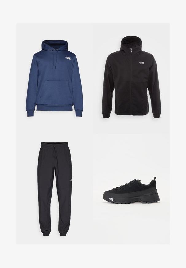 Czarna wodoodporna kurtka z pełnym zamkiem, regulowanym kapturem, elastycznymi mankietami i logo na piersi; lekka, gładka tekstura.; Granatowy hoodie wykonany z miękkiego materiału, z przednią kieszenią typu kangur, regulowanym kapturem na sznurku oraz małym białym logo na klatce piersiowej.; Czarne spodenki sportowe wykonane z lekkiego materiału, z elastycznym pasem na sznurek, bocznymi kieszeniami i zwężanymi mankietami przy kostkach.; Czarne sneakersy outdoorowe z zamszowym wierzchem, teksturowaną gumową podeszwą i solidnym systemem sznurowania. Posiadają wzmocnioną piętę oraz logo marki na boku.