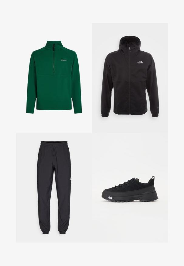 Czarna wodoodporna kurtka z pełnym zamkiem, regulowanym kapturem, elastycznymi mankietami i logo na piersi; lekka, gładka tekstura.; Zielony polarowy sweter z kołnierzem na pół-zamek, charakteryzujący się wzmocnionym szwem i logo na lewej piersi. Miękka tekstura. Długie rękawy.; Czarne spodenki sportowe wykonane z lekkiego materiału, z elastycznym pasem na sznurek, bocznymi kieszeniami i zwężanymi mankietami przy kostkach.; Czarne sneakersy outdoorowe z zamszowym wierzchem, teksturowaną gumową podeszwą i solidnym systemem sznurowania. Posiadają wzmocnioną piętę oraz logo marki na boku.