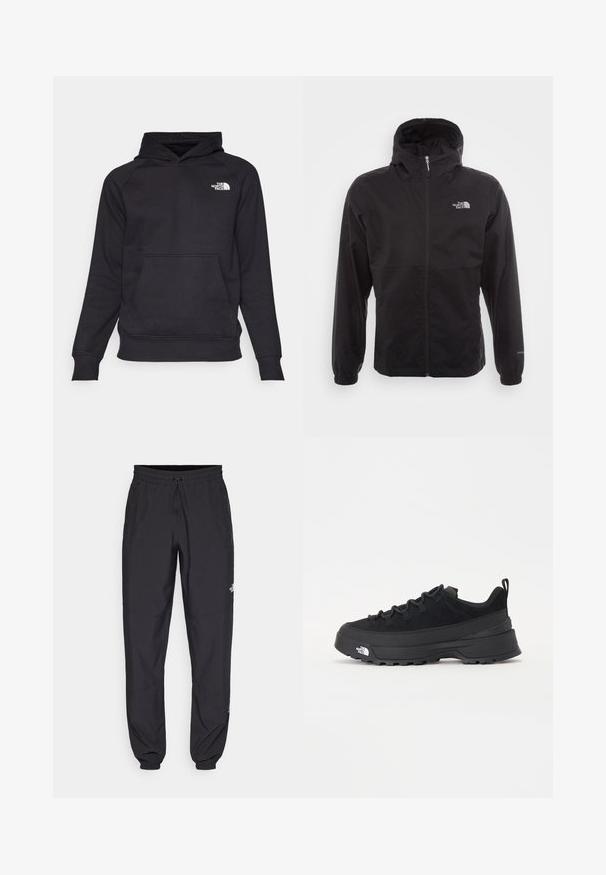 Chaqueta negra impermeable con cremallera completa, capucha ajustable, puños elásticos y un logo en el pecho; ligera, con textura suave.; Sudadera negra con un bolsillo frontal tipo canguro, puños y dobladillo acanalados. Presenta un logo blanco en la parte superior izquierda del pecho. Fabricada en un tejido suave.; Pantalones deportivos negros hechos de un tejido ligero, con una cinturilla ajustable, bolsillos laterales y puños ajustados en los tobillos.; Zapatilla negra de exterior con parte superior de ante, suela de goma texturizada y un sólido sistema de cordones. Cuenta con un talón reforzado y el logotipo de la marca en el lateral.