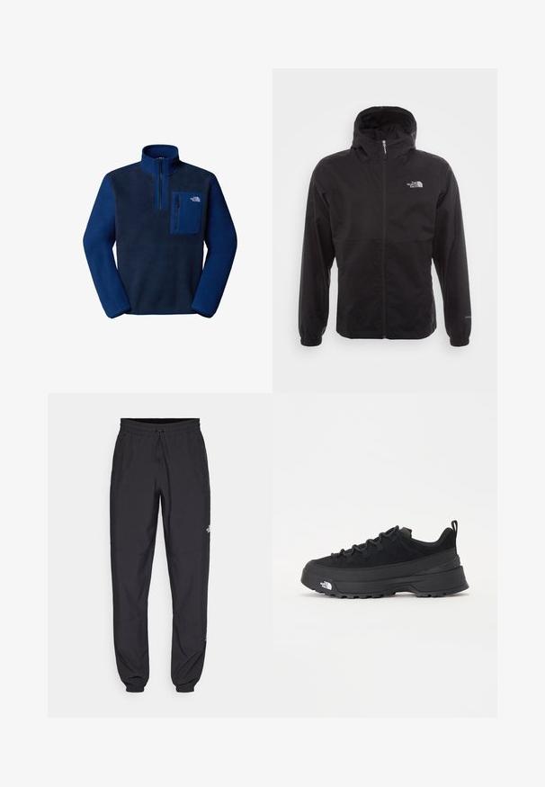 Svart vanntett jakke med full glidelås, justerbar hette, elastiske mansjetter og logo på brystet; lett, glatt tekstur.; Mørkeblå fleece quarter-zip genser med brystlomme, teksturert stoff og logo på lommen. Myk, varm og designet for lag-på-lag bruk.; Sorte idrettsbukser laget av lett stoff, med snor i livet, sidelommer og smale mansjetter ved anklene.; Svart utendørs sneakers med overdel i semsket skinn, teksturert gummisåle og solid snøresystem. Har forsterket hæl og merkevarelogo på siden.