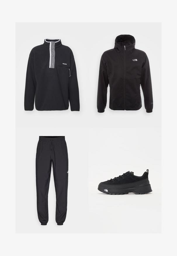 Giacca nera impermeabile con zip completa, cappuccio regolabile, polsini elasticizzati e logo sul petto; leggera, con texture liscia.; Pullover in pile nero con colletto alto, patta anteriore grigia e dettagli bianchi. Presenta una tasca con zip sul lato sinistro.; Pantaloni sportivi neri realizzati in tessuto leggero, con vita regolabile con cordino, tasche laterali e orli affusolati alle caviglie.; Sneaker da esterno nera con parte superiore in suede, suola in gomma testurizzata e robusto sistema di allacciatura. Presenta un tallone rinforzato e il logo del marchio sul lato.