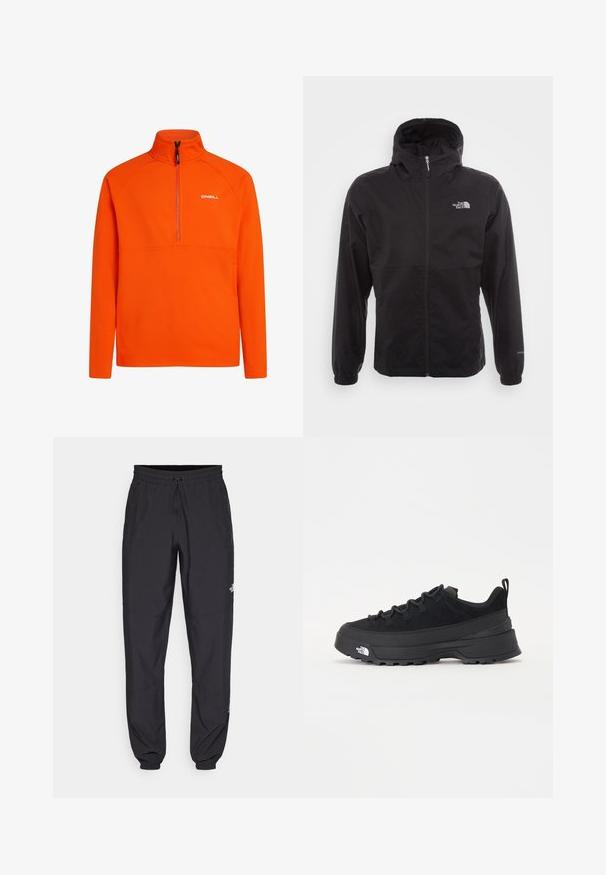 Black waterproof jacket with a full zip, adjustable hood, elastic cuffs, and a logo on the chest; lightweight, smooth texture.; Orange fleece pullover with a high collar and half-zip design. Features raglan sleeves and a small white logo on the chest.; Black athletic pants made from lightweight fabric, featuring a drawstring waistband, side pockets, and tapered cuffs at the ankles.; Black outdoor sneaker with a suede upper, textured rubber sole, and sturdy lacing system. Features a reinforced heel and brand logo on the side.