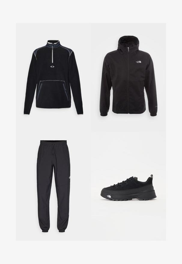 Fekete, vízálló dzseki teljes cipzárral, állítható kapucnival, rugalmas mandzsettákkal és mellkasi logóval; könnyű, sima textúrájú.; Fekete polár pulóver magas gallérral, fél cipzárral, két oldalsó zsebbel és szürke és tengerészkék kontrasztvarrással.; Fekete sportnadrág, könnyű anyagból készült, húzózsinóros derékkal, oldalsó zsebekkel és szűkített szárakkal a bokáknál.; Fekete kültéri sneaker velúr felsőrésszel, texturált gumitalppal és strapabíró fűzőrendszerrel. Megerősített sarkú és oldalán márkalogóval rendelkezik.