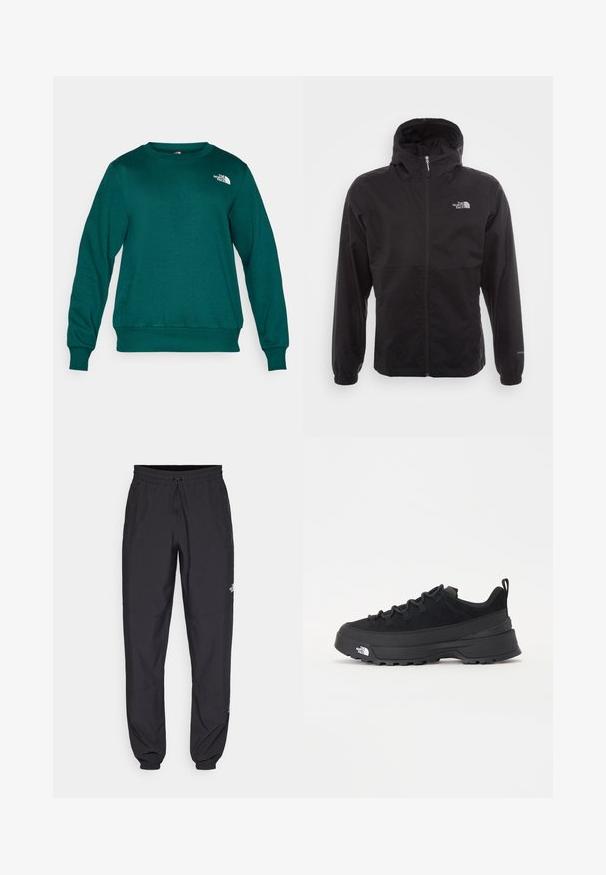 Černá nepromokavá bunda s celopropínacím zipem, nastavitelnou kapucí, elastickými manžetami a logem na hrudi; lehká, hladká textilie.; Zelená mikina vyrobená z měkké látky, s dlouhými rukávy, kulatým výstřihem a bílým logem na levém horním rohu.; Černé sportovní kalhoty vyrobené z lehké tkaniny, s páskem na šňůrku, bočními kapsami a zúženými manžetami na kotnících.; Černé venkovní tenisky s horní částí ze semiše, texturovanou gumovou podrážkou a pevným šněrováním. Obsahují zesílenou patu a logo značky na boku.