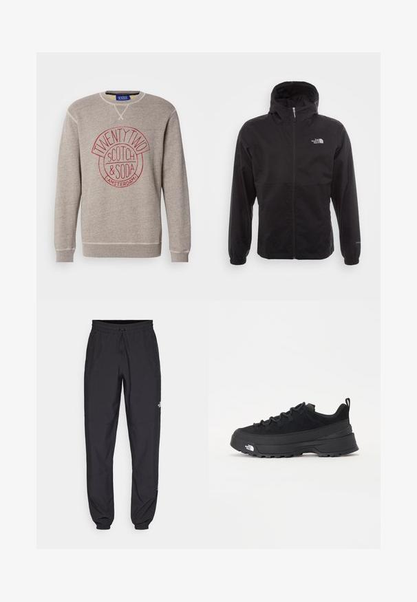Čierna nepremokavá bunda s plným zipsom, nastaviteľnou kapucňou, elastickými manžetami a logom na hrudi; ľahká, s hladkou textúrou.; Svetlo šedý mikina z mäkkého materiálu, s kruhovým logom v červenej farbe a textom "TWENTY TWO SCOTCH & SODA AMSTERDAM." Rebrované manžety a lem.; Čierne športové nohavice vyrobené z ľahkej tkaniny, s elastickým pásom na šnurovanie, bočnými vreckami a zúženými manžetami na členkoch.; Čierne vonkajšie tenisky so zvrškom z semišu, štruktúrovanou gumovou podrážkou a pevným šnurovaním. Obsahujú vystužený opätok a logo značky na boku.