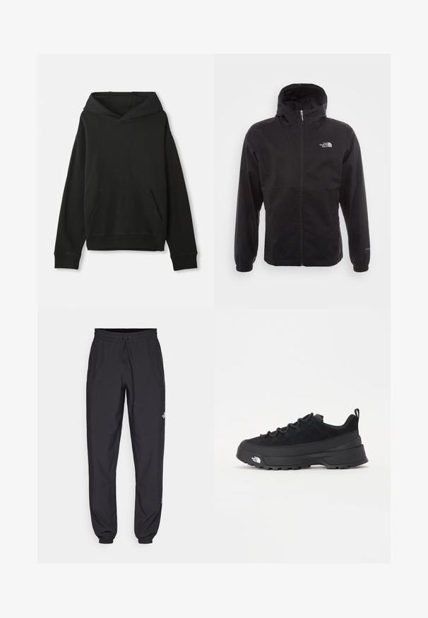 Chaqueta negra impermeable con cremallera completa, capucha ajustable, puños elásticos y un logo en el pecho; ligera, con textura suave.; Sudadera negra con capucha, que cuenta con un bolsillo tipo canguro en la parte frontal. Hecha de una tela suave con puños y bajo acanalados, ofreciendo un ajuste relajado.; Pantalones deportivos negros hechos de un tejido ligero, con una cinturilla ajustable, bolsillos laterales y puños ajustados en los tobillos.; Zapatilla negra de exterior con parte superior de ante, suela de goma texturizada y un sólido sistema de cordones. Cuenta con un talón reforzado y el logotipo de la marca en el lateral.