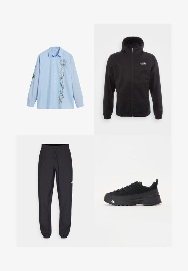 Jachetă neagră, impermeabilă, cu fermoar complet, glugă ajustabilă, manșete elastice și un logo pe piept; ușoară, cu o textură netedă.; Cămașă bleu deschis, cu nasturi, care prezintă broderie florală în diverse culori pe partea din față și pe mâneci. Fabricată dintr-un material moale, cu o croială lejeră.; Pantaloni atletici negri, confecționați dintr-un material ușor, cu un tiv elastic la talie, buzunare laterale și tivuri ajustate la gleznă.; Tenisi de exterior negri cu superior din daim, talpă din cauciuc texturat și sistem de șireturi solid. Prezintă un călcâi întărit și un logo al mărcii pe lateral.