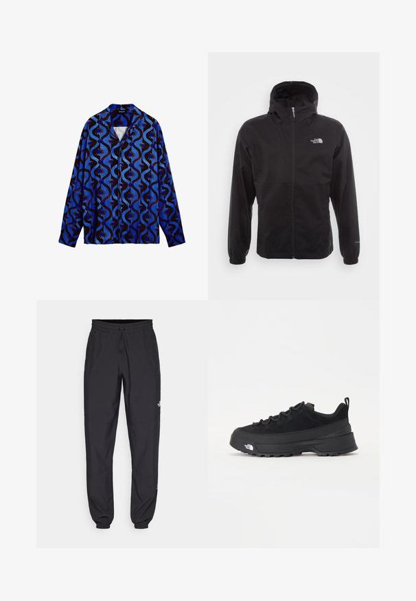 Schwarze wasserdichte Jacke mit durchgehendem Reißverschluss, verstellbarem Kapuzen, elastischen Bündchen und einem Logo auf der Brust; leicht und mit glatter Textur.; Blauschwarz gemusterte Hemd mit Kragen, das wellenförmige Designs und florale Akzente aufweist. Lange Ärmel und Knopfverschluss.; Schwarze Sporthosen aus leichtem Stoff, mit einem Kordelzugbund, seitlichen Taschen und schmal zulaufenden Bündchen an den Knöcheln.; Schwarzer Outdoorsneaker mit einem Obermaterial aus Wildleder, strukturierter Gummisohle und robustem Schnürsystem. Verfügt über eine verstärkte Ferse und das Markenlogo an der Seite.