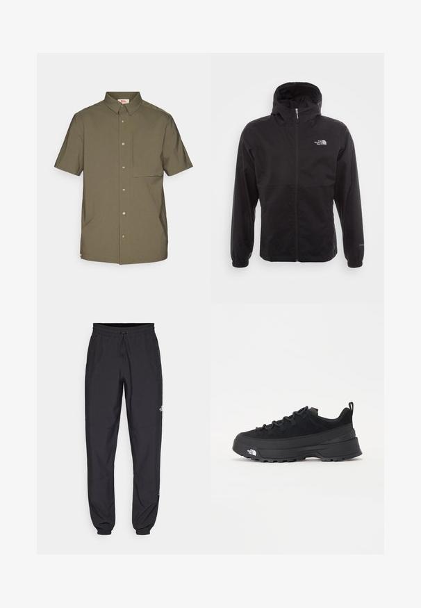 Fekete, vízálló dzseki teljes cipzárral, állítható kapucnival, rugalmas mandzsettákkal és mellkasi logóval; könnyű, sima textúrájú.; Rövid ujjú, olíva zöld ing sima anyagból, gombos gallérral, elöl gombokkal és egy mellzsebbel.; Fekete sportnadrág, könnyű anyagból készült, húzózsinóros derékkal, oldalsó zsebekkel és szűkített szárakkal a bokáknál.; Fekete kültéri sneaker velúr felsőrésszel, texturált gumitalppal és strapabíró fűzőrendszerrel. Megerősített sarkú és oldalán márkalogóval rendelkezik.